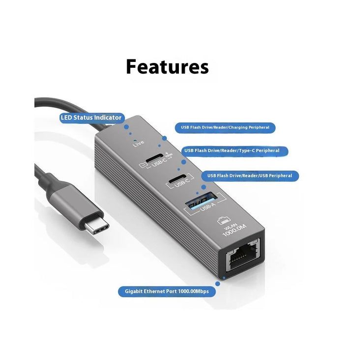 4 in 1 Gigabit Ethernet Adapter 1000 Mbps LAN USB 3.0 Data Transfer PD 100W Charging Type C Hub - 2