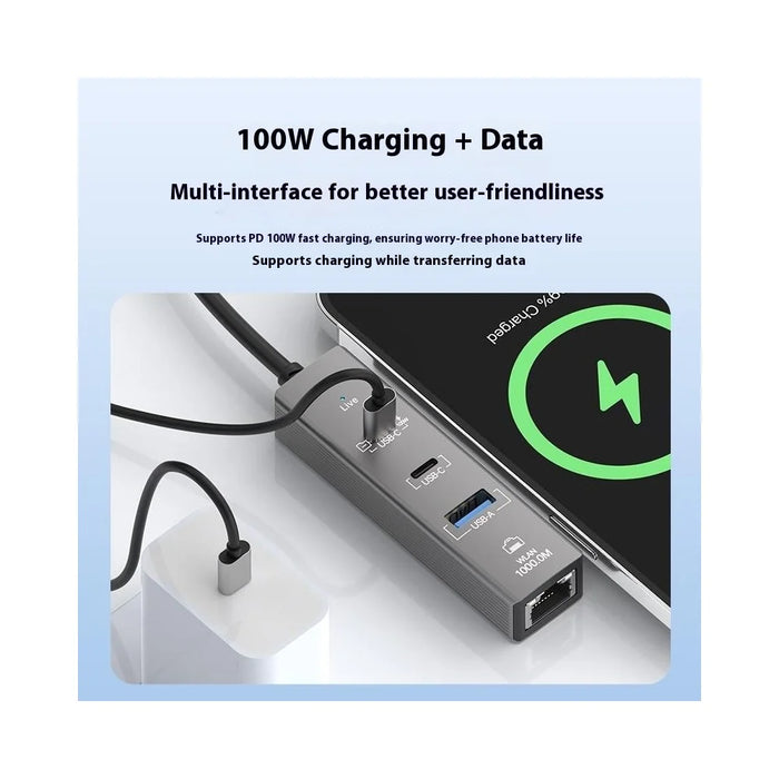 4 in 1 Gigabit Ethernet Adapter 1000 Mbps LAN USB 3.0 Data Transfer PD 100W Charging Type C Hub - 4