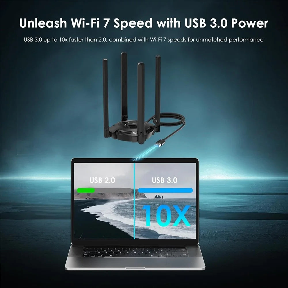 WAVLINK WN695BE2 BE6500 WiFi 7 Adapter Tri-Band 2.4GHz / 5GHz / 6GHz Booster High Gain Antennas USB 3.0 for Windows 10 / 11 - Black - 3