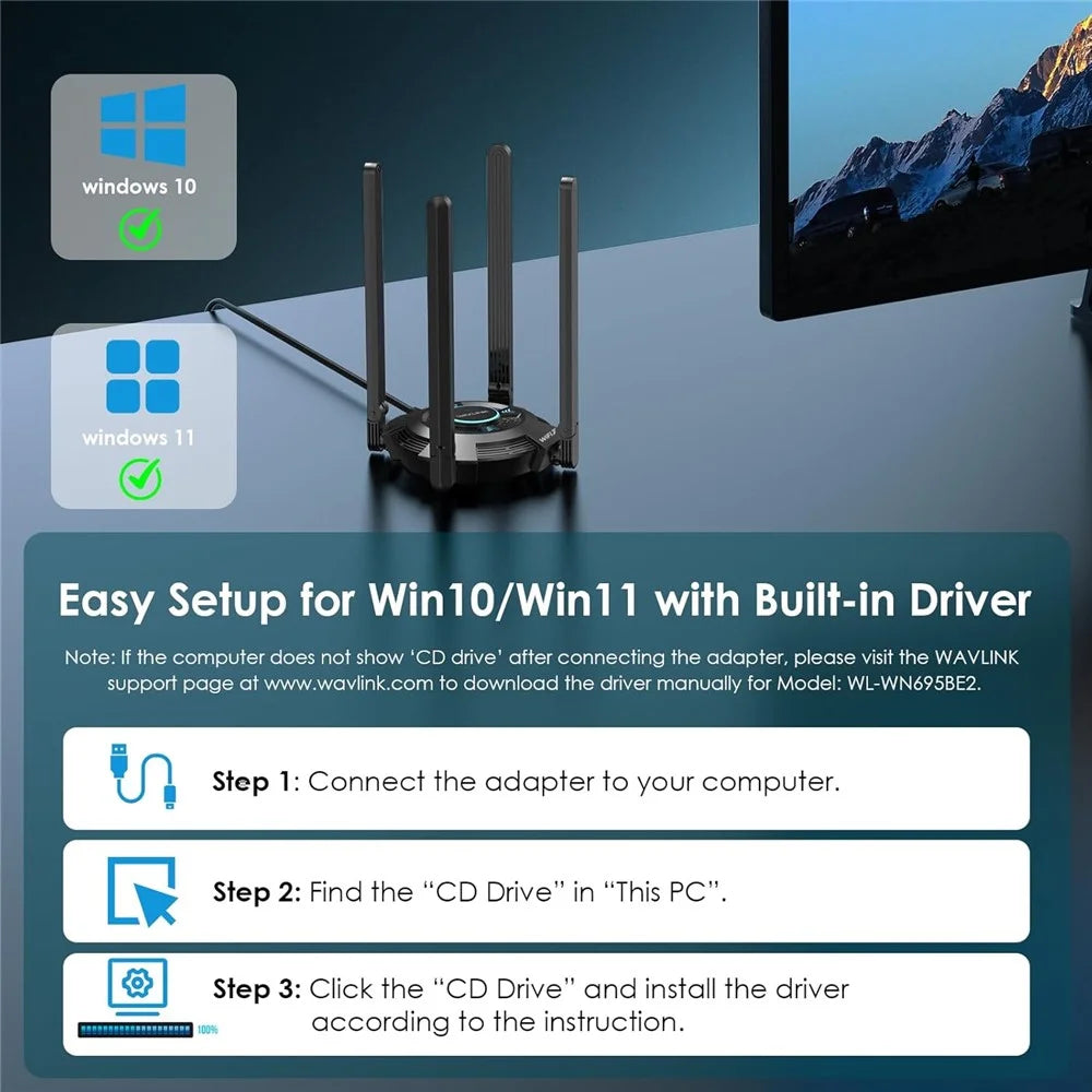 WAVLINK WN695BE2 BE6500 WiFi 7 Adapter Tri-Band 2.4GHz / 5GHz / 6GHz Booster High Gain Antennas USB 3.0 for Windows 10 / 11 - Black - 5