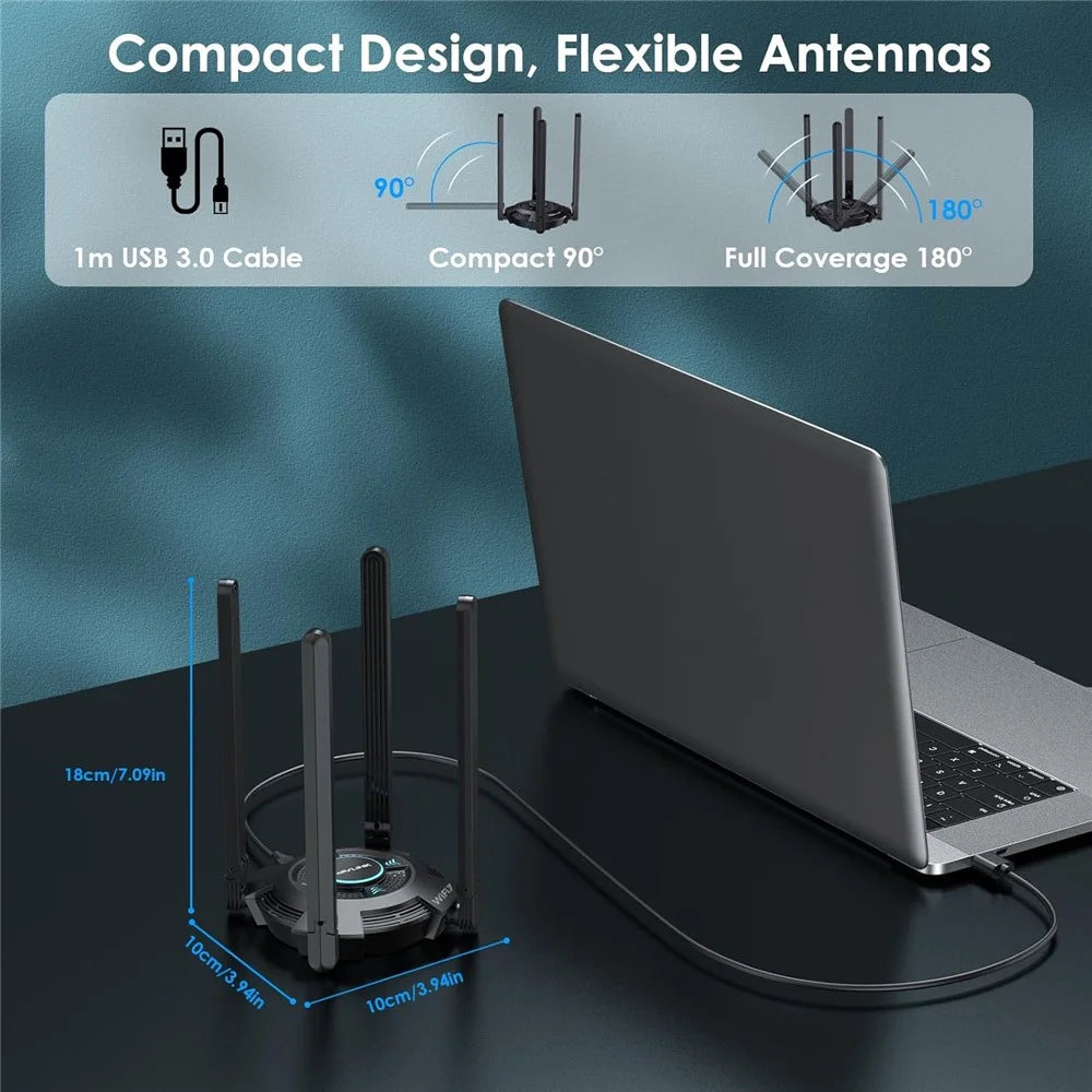 WAVLINK WN695BE2 BE6500 WiFi 7 Adapter Tri-Band 2.4GHz / 5GHz / 6GHz Booster High Gain Antennas USB 3.0 for Windows 10 / 11 - Black - 6