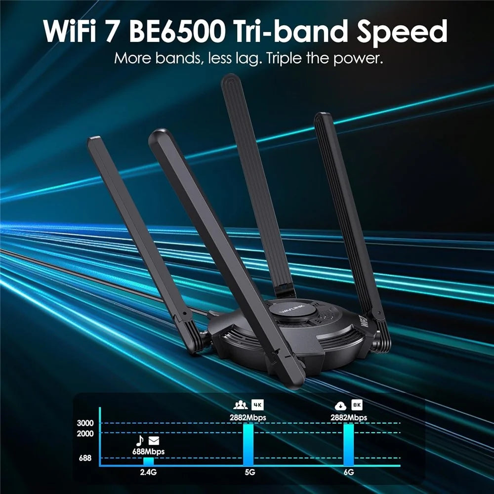 WAVLINK WN695BE2 BE6500 WiFi 7 Adapter Tri-Band 2.4GHz / 5GHz / 6GHz Booster High Gain Antennas USB 3.0 for Windows 10 / 11 - Black - 7
