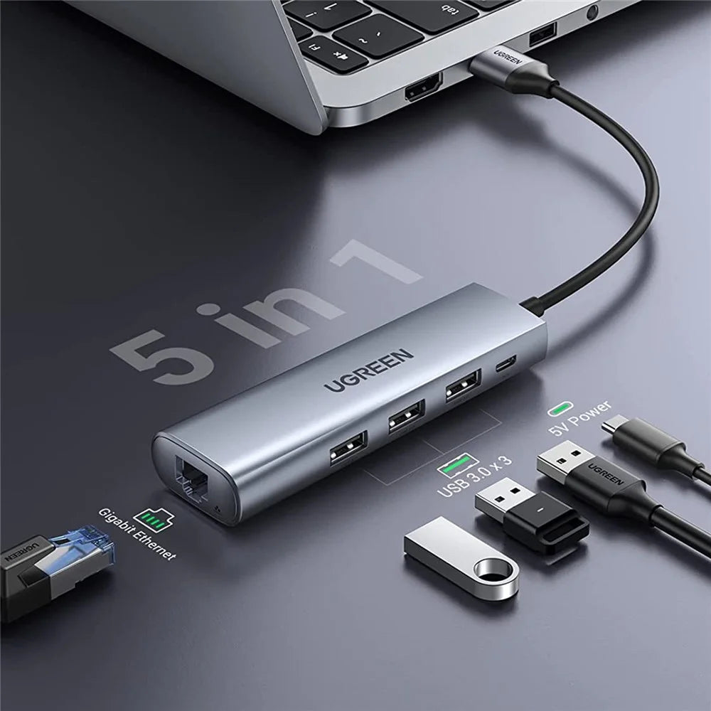UGREEN 20915 USB Hub 3-Port USB 3.0 Hub 5V Power Port with RJ45 10/100/1000 Gigabit Ethernet Adapter Converter LAN Wired USB Network Adapter - 2