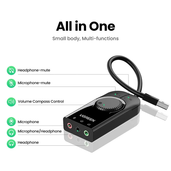 UGREEN 40964 0.15m USB Audio Card with 3.5mm Audio/Microphone Jack Audio Adapter Sound Card for PC PS5/4 - 7