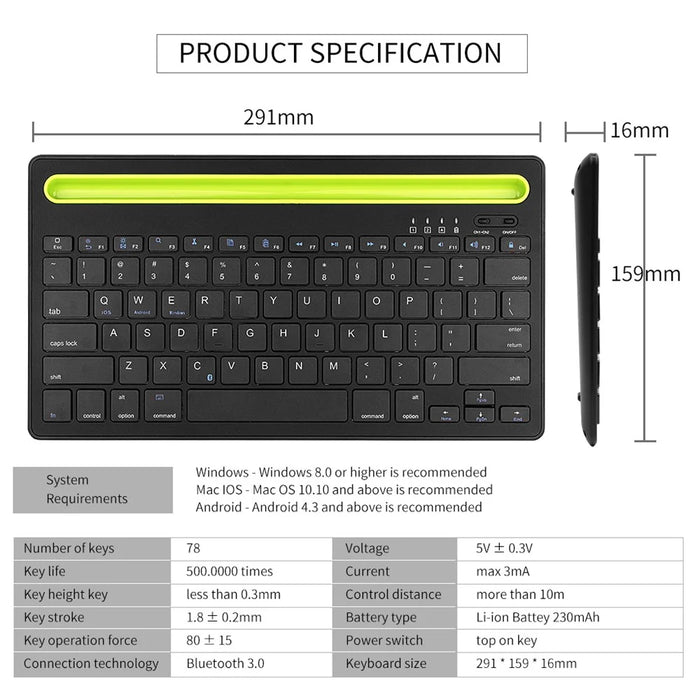 HM-04 Dual-Device Connection Bluetooth-compatible Keyboard for IOS Android Windows Phones/Tablets - Black - 7