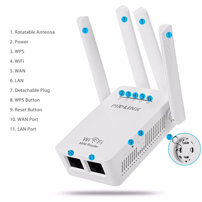 PIX-LINK WiFi Range Extender WIFI Signal Booster 300Mbps Internet Booster Easy Setup Wireless Repeater - US Plug - 6
