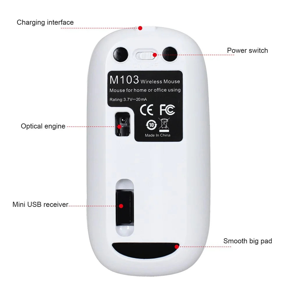 HXSJ M103 USB Wireless Computer Mouse 2.4G Receiver Ultra Slim Adjustable DPI Optical Mouse - White - 7