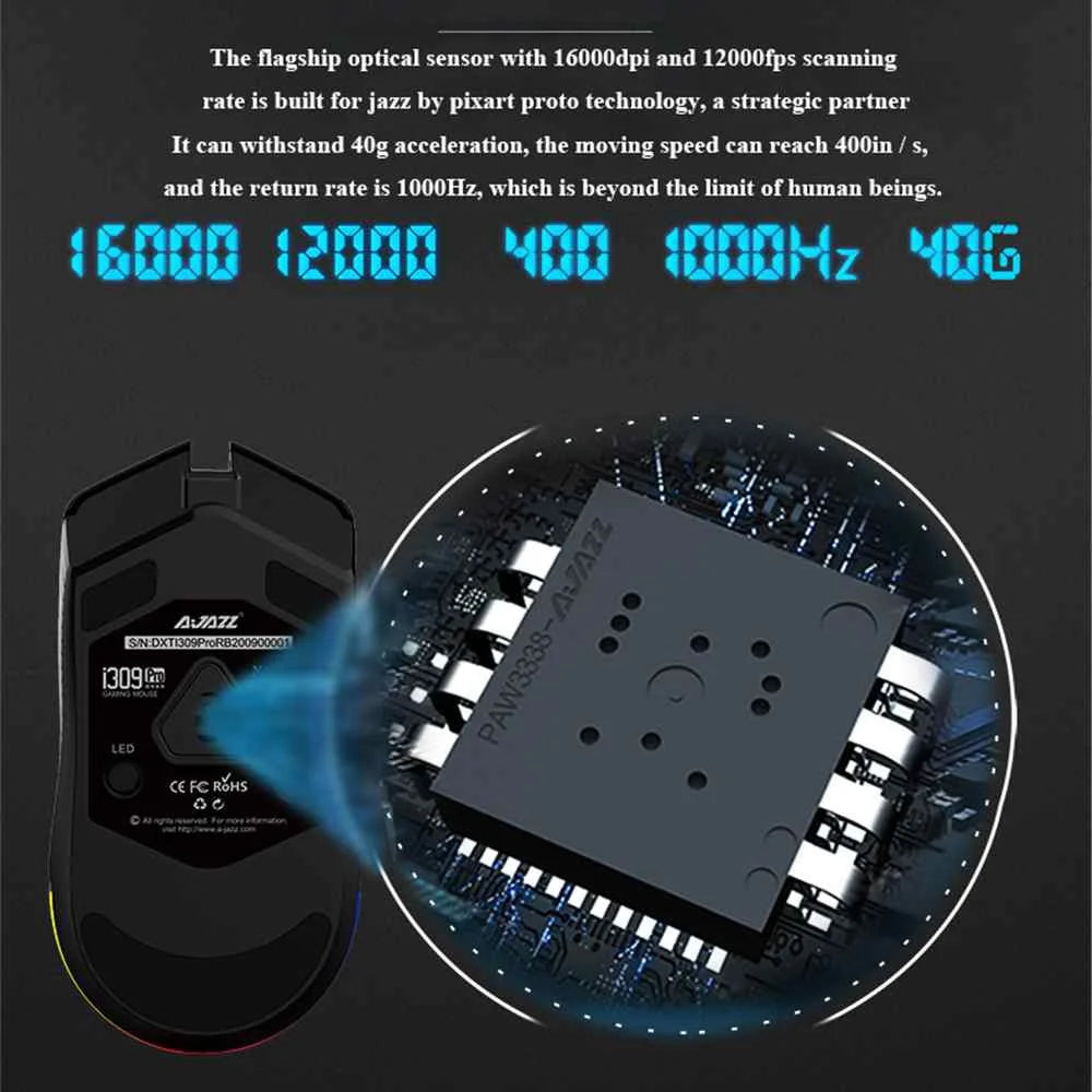 AJAZZ i309Pro Dual Mode 2.4G Wireless Rechargeable Gaming Mouse 8 Keys RGB Light 16000DPI Computer Laptop Mice - 6