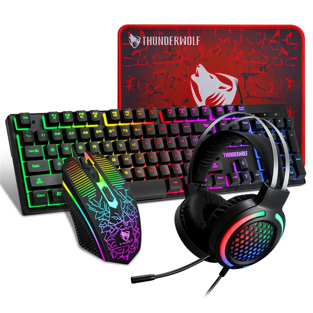 T-WOLF TF400 USB Wired RGB Rainbow Backlit Gaming Keyboard + Mouse + Gaming Headset + Mouse Pad Combo LED Backlit Wired Gamer Bundle for Gaming/Working - 1