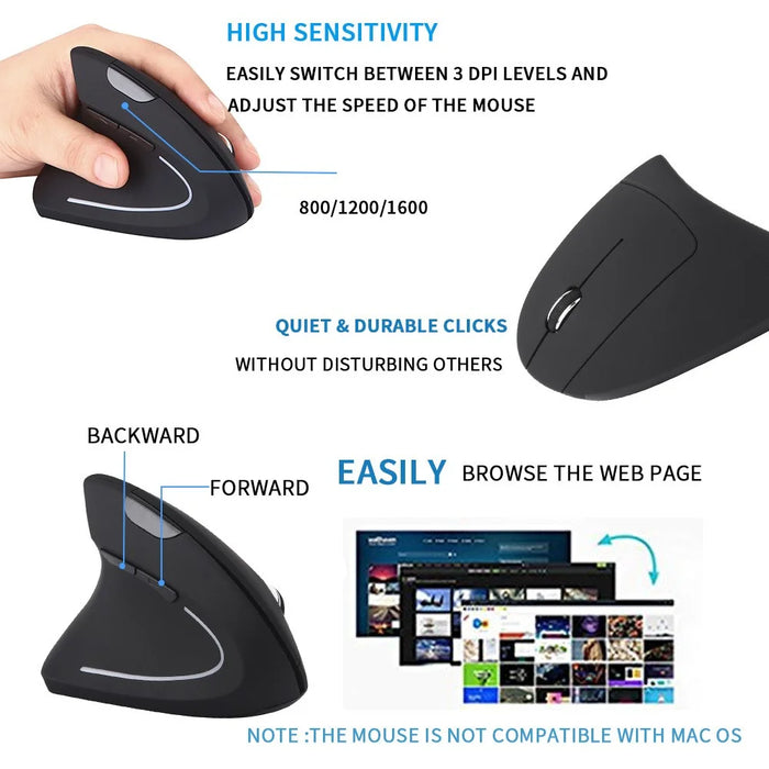 USB Charging Left Hand Vertical Wireless Mouse 800/1200/1600 DPI Gaming Mice for Laptop PC - 4