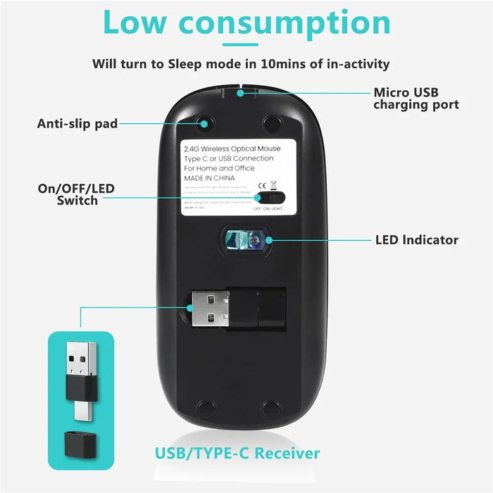 E39 Rechargeable 2.4G Wireless Gaming Mouse 1600DPI RGB Breathing Light Computer Laptop Ergonomic Mice - Black - 2