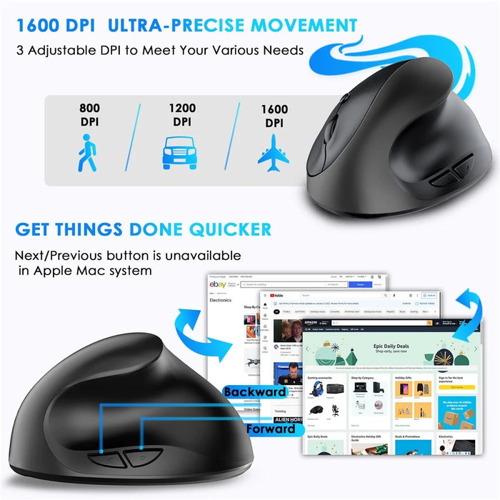 E11 2.4G Wireless Mouse Portable Vertical Ergonomic Mouse with 6 Keys/3 Adjustable DPI (Dry Battery Version) - Black - 5