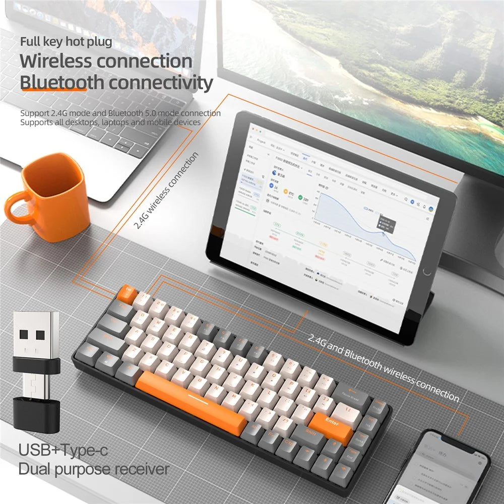 ZIYOULANG K68 Wireless Mechanical Keyboard 2.4G / Bluetooth-compatible Dual Mode 68-Key Keyboard - Business Grey+Blue Switch - 4