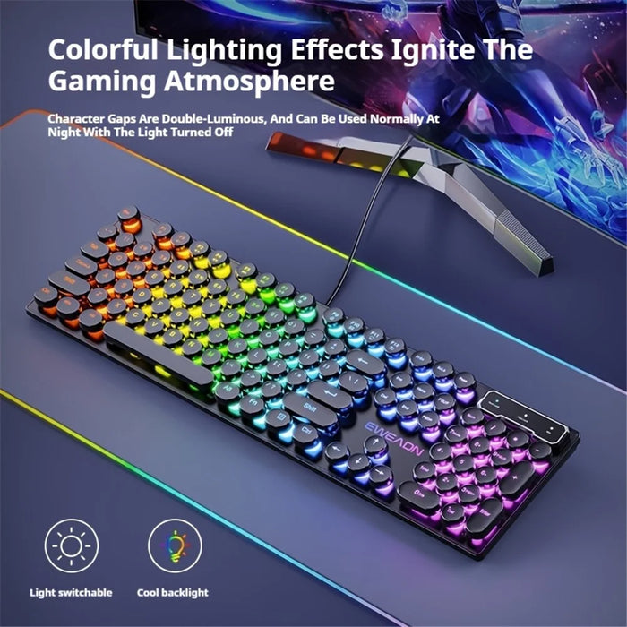 EWEADN GX30 Retro Punk Computer Laptop Keyboard USB Wired Backlit Gaming Keyboard - Black / Rainbow Light - 4