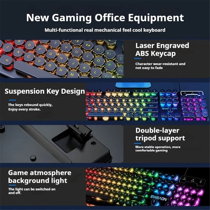 EWEADN GX30 Retro Punk Computer Laptop Keyboard USB Wired Backlit Gaming Keyboard - Black / Rainbow Light - 7