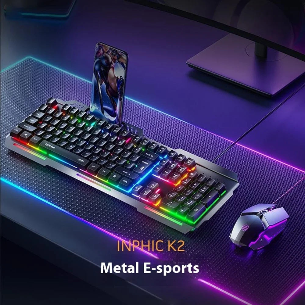 INPHIC K2 104-Key Wired Gaming Keyboard Metal Panel Mechanical Keyboard with 7 Color Backlit - 2