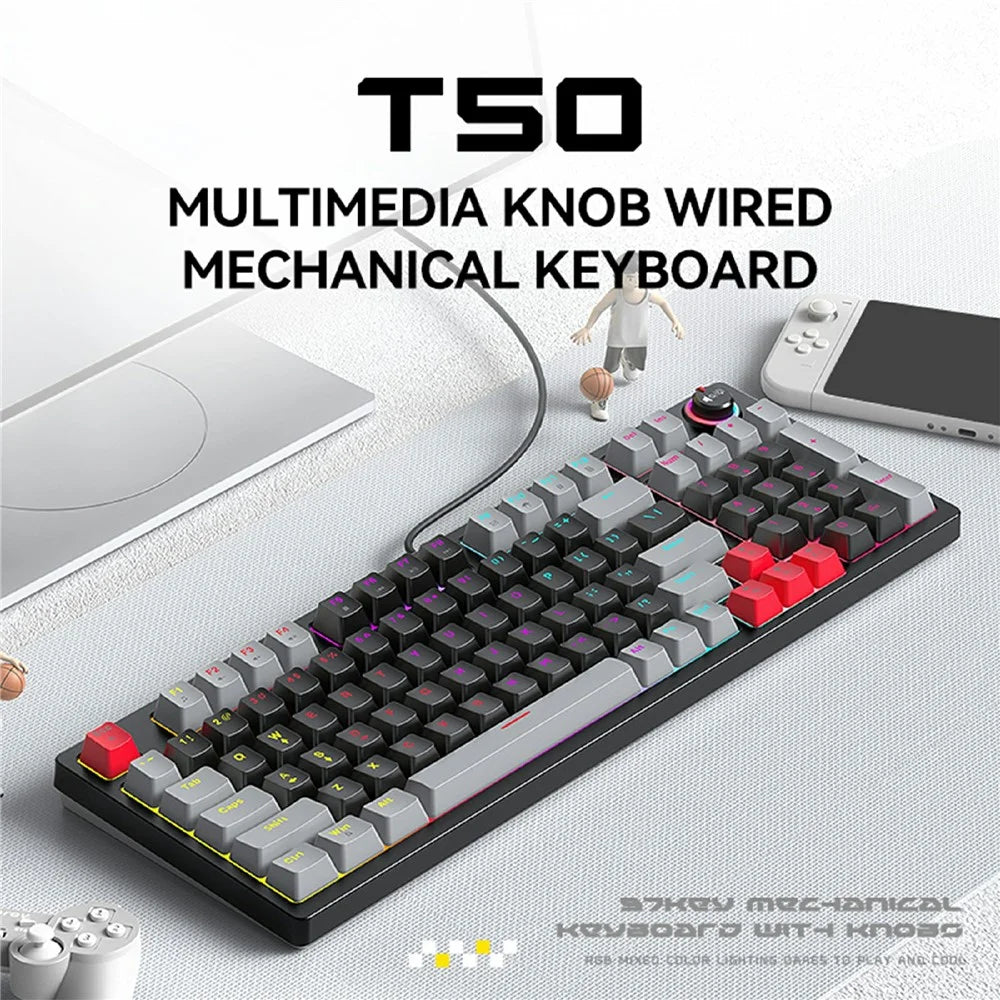 T-WOLF T50 Mechanical Keyboard with RGB Backlit 96 + 1 Keys USB Wired Keyboard  for PC Gaming - Black+Grey - 2