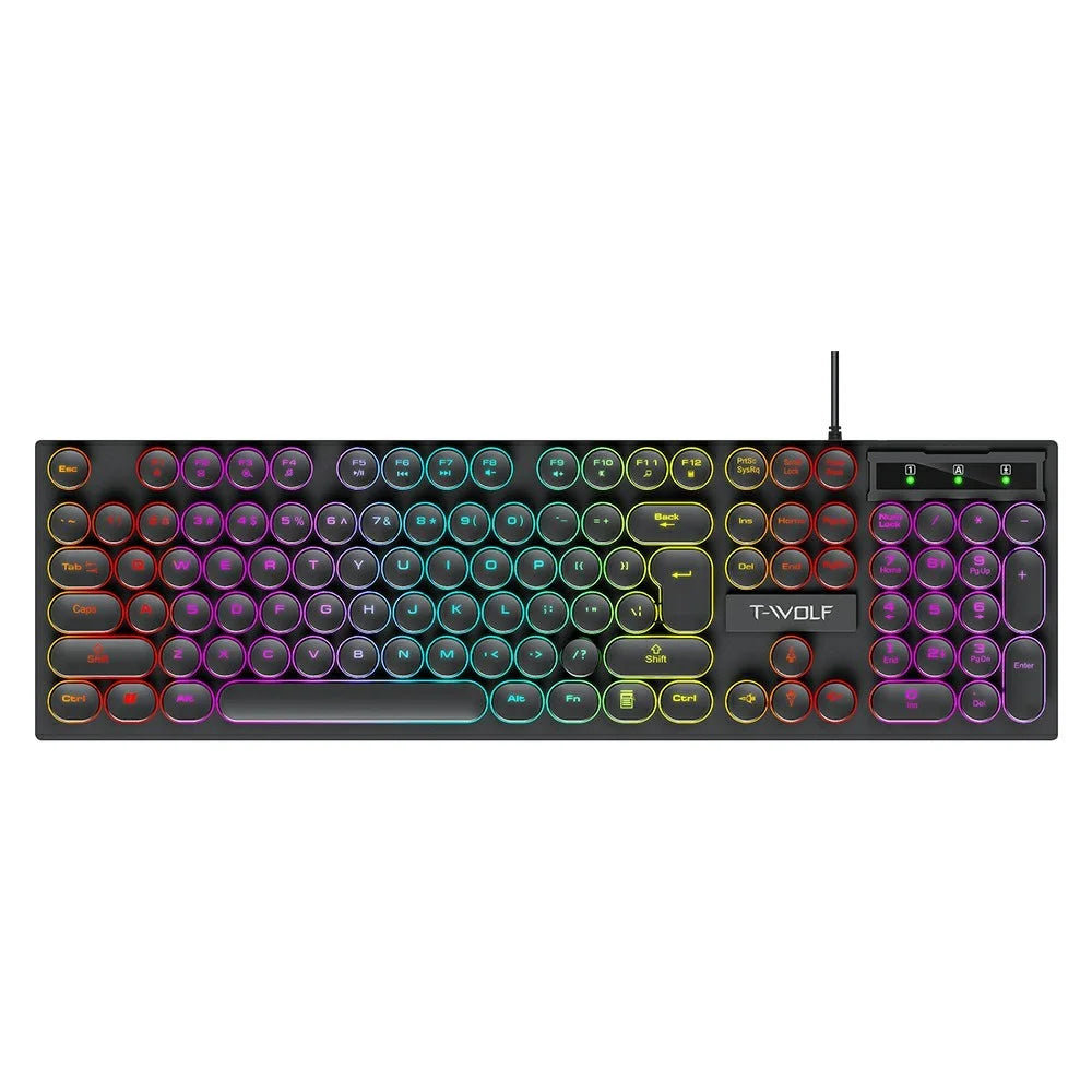 T-WOLF T80 Gaming Keyboard Retro Punk Round Keycap Wired Mechanical Keyboard with Colorful Backlight, Black - 1