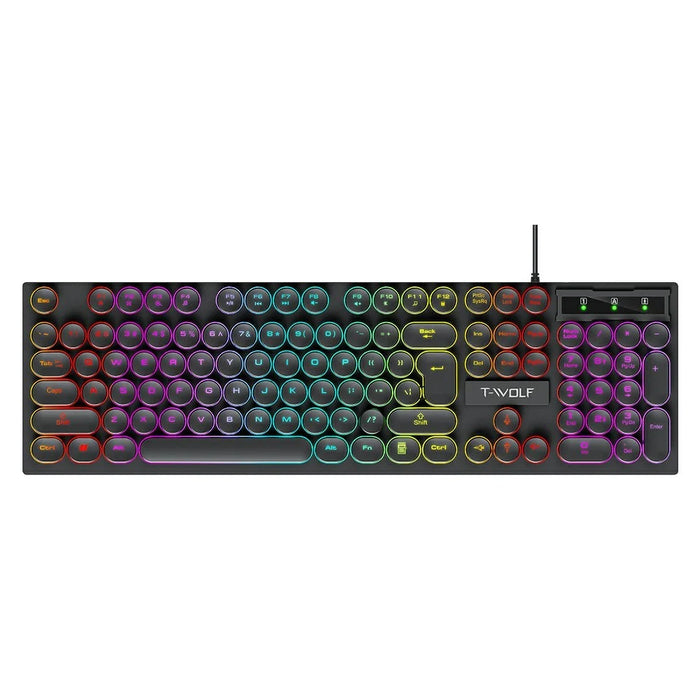 T-WOLF T80 Gaming Keyboard Retro Punk Round Keycap Wired Mechanical Keyboard with Colorful Backlight, Black - 1