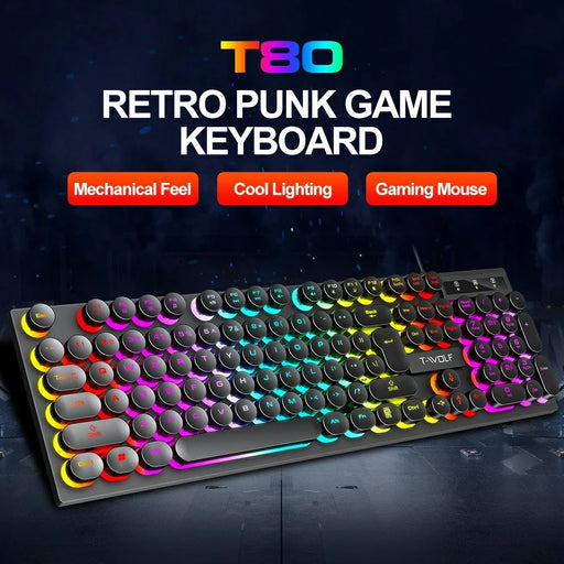 T-WOLF T80 Gaming Keyboard Retro Punk Round Keycap Wired Mechanical Keyboard with Colorful Backlight, Black - 2