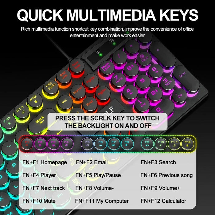 T-WOLF T80 Gaming Keyboard Retro Punk Round Keycap Wired Mechanical Keyboard with Colorful Backlight, Black - 4