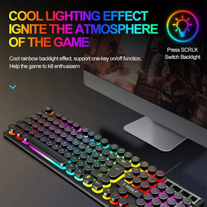 T-WOLF T80 Gaming Keyboard Retro Punk Round Keycap Wired Mechanical Keyboard with Colorful Backlight, Black - 5