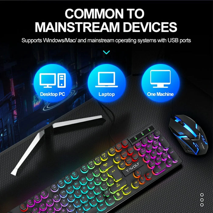 T-WOLF T80 Gaming Keyboard Retro Punk Round Keycap Wired Mechanical Keyboard with Colorful Backlight, Black - 6