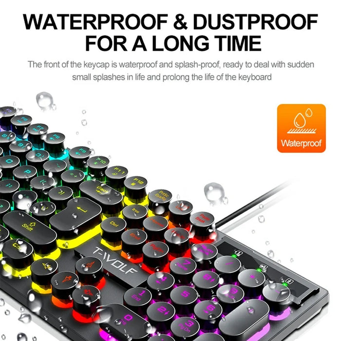 T-WOLF T80 Gaming Keyboard Retro Punk Round Keycap Wired Mechanical Keyboard with Colorful Backlight, Black - 7