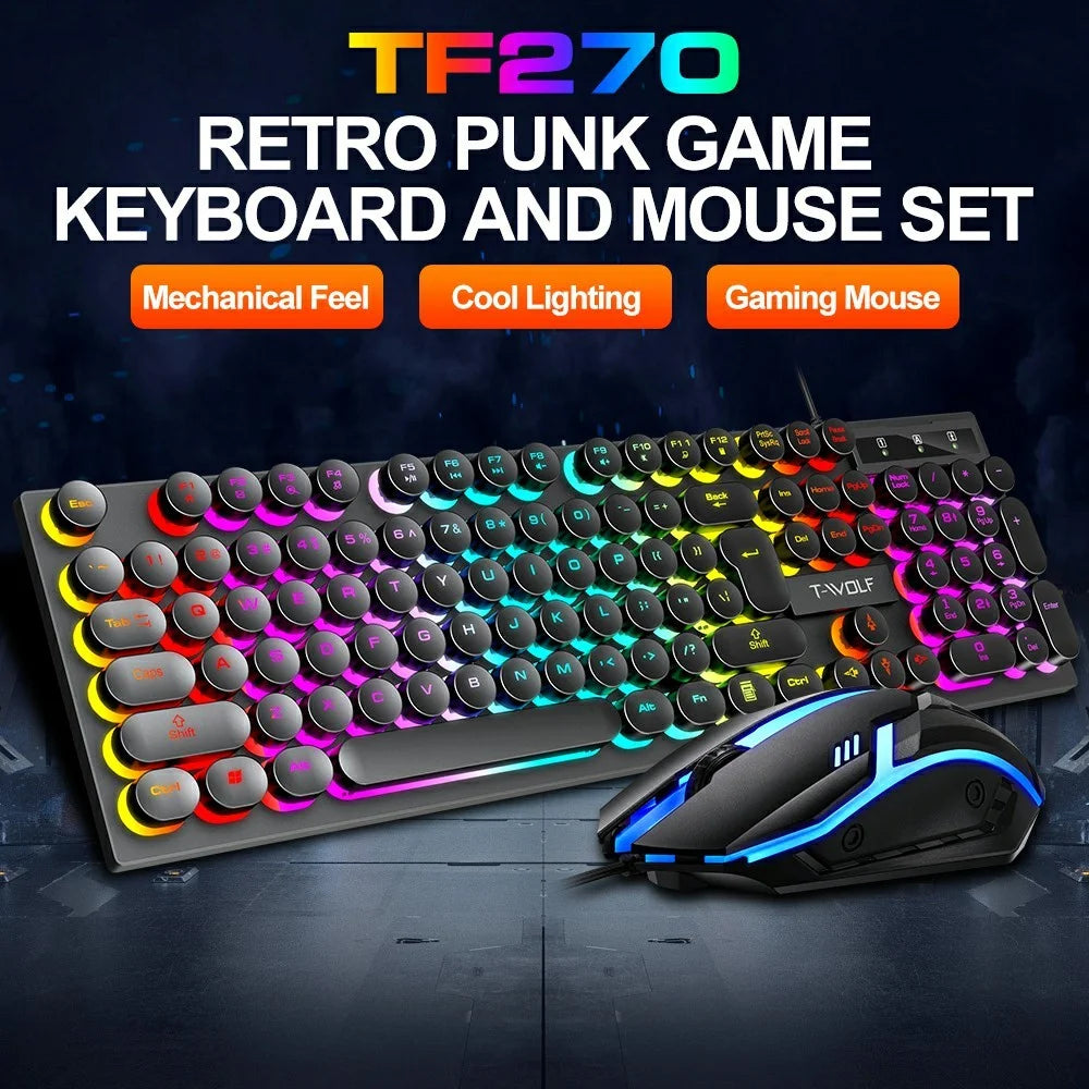 T-WOLF TF270 Retro Punk 104 Keys Mechanical Gaming Wired Keyboard and Mouse Combo Set with Colorful Backlight - 2