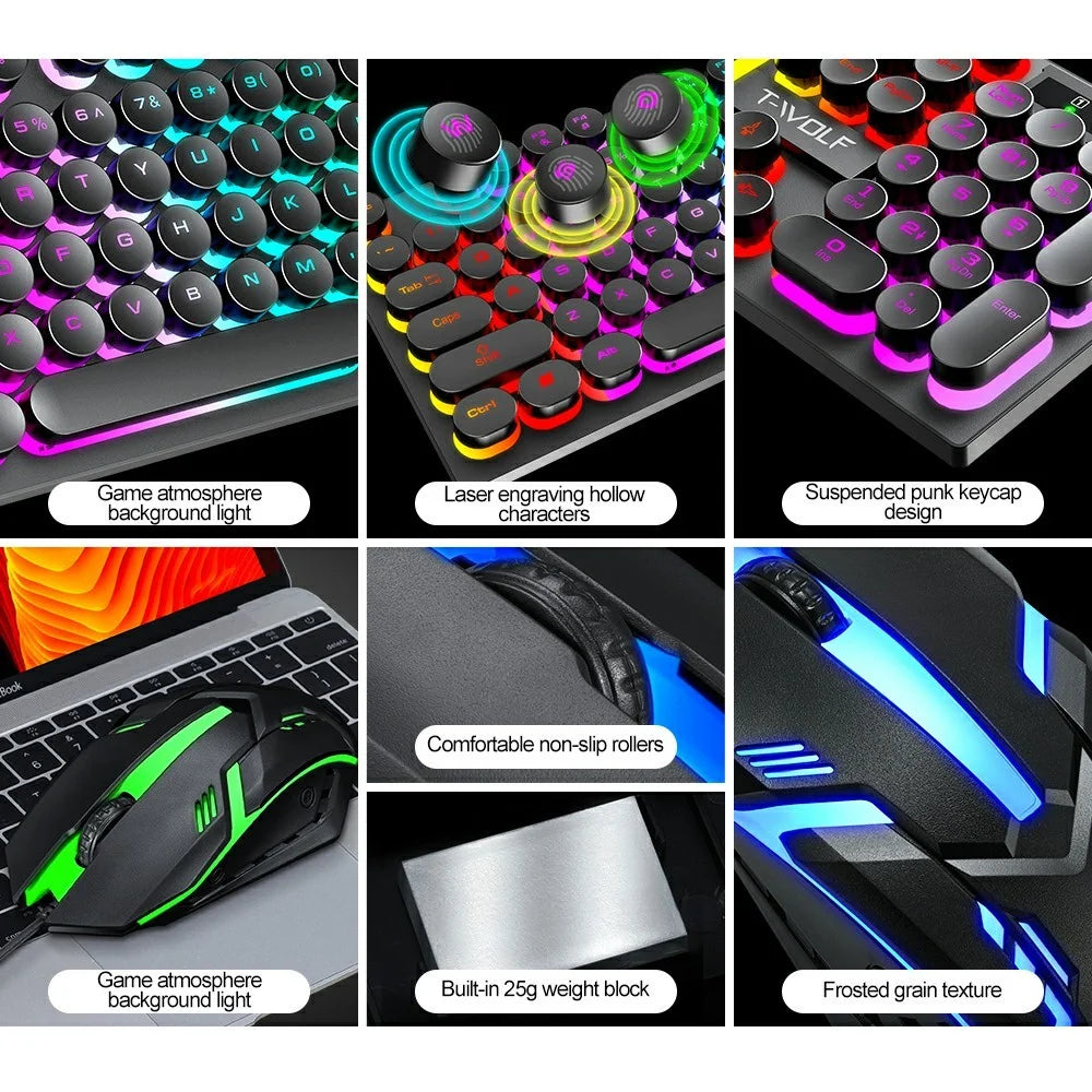 T-WOLF TF270 Retro Punk 104 Keys Mechanical Gaming Wired Keyboard and Mouse Combo Set with Colorful Backlight - 5
