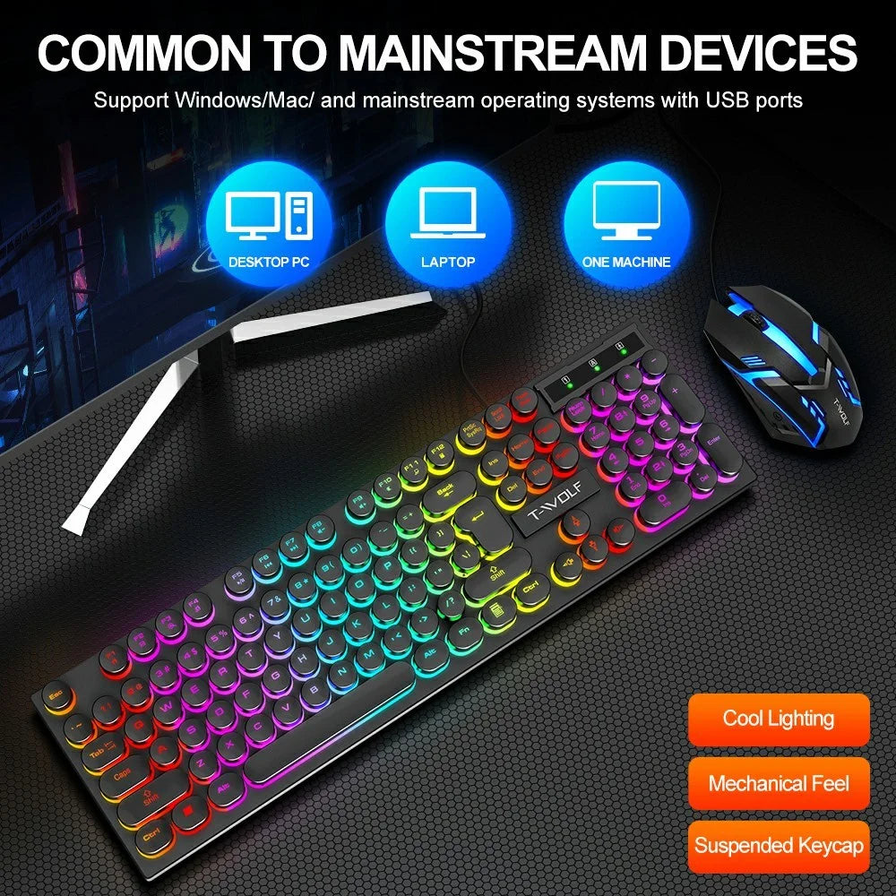 T-WOLF TF270 Retro Punk 104 Keys Mechanical Gaming Wired Keyboard and Mouse Combo Set with Colorful Backlight - 6