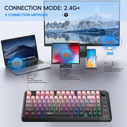 HXSJ L400 81 Keys Membrane Keyboard 2.4G + Bluetooth-compatible Tri-Mode Wireless Keyboard with RGB Backlit - Black / Pink Gradient - 2