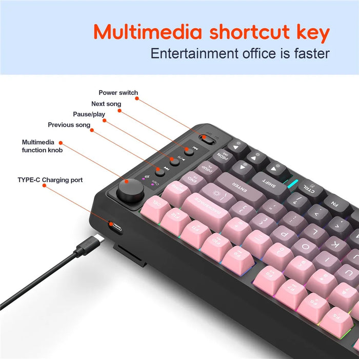 HXSJ L400 81 Keys Membrane Keyboard 2.4G + Bluetooth-compatible Tri-Mode Wireless Keyboard with RGB Backlit - Black / Pink Gradient - 3