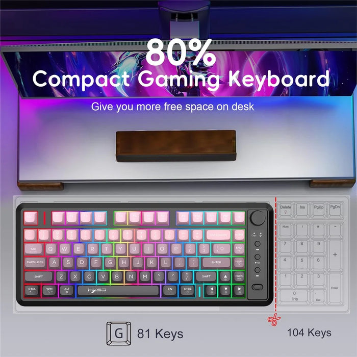 HXSJ L400 81 Keys Membrane Keyboard 2.4G + Bluetooth-compatible Tri-Mode Wireless Keyboard with RGB Backlit - Black / Pink Gradient - 5