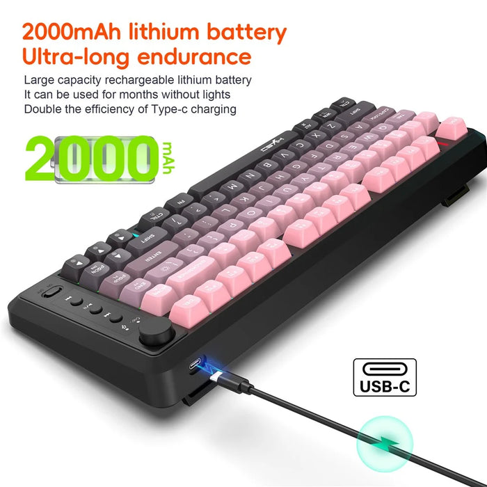 HXSJ L400 81 Keys Membrane Keyboard 2.4G + Bluetooth-compatible Tri-Mode Wireless Keyboard with RGB Backlit - Black / Pink Gradient - 6