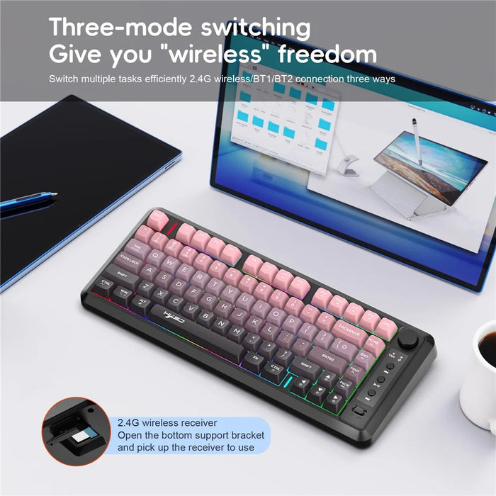HXSJ L400 81 Keys Membrane Keyboard 2.4G + Bluetooth-compatible Tri-Mode Wireless Keyboard with RGB Backlit - Black / Pink Gradient - 7