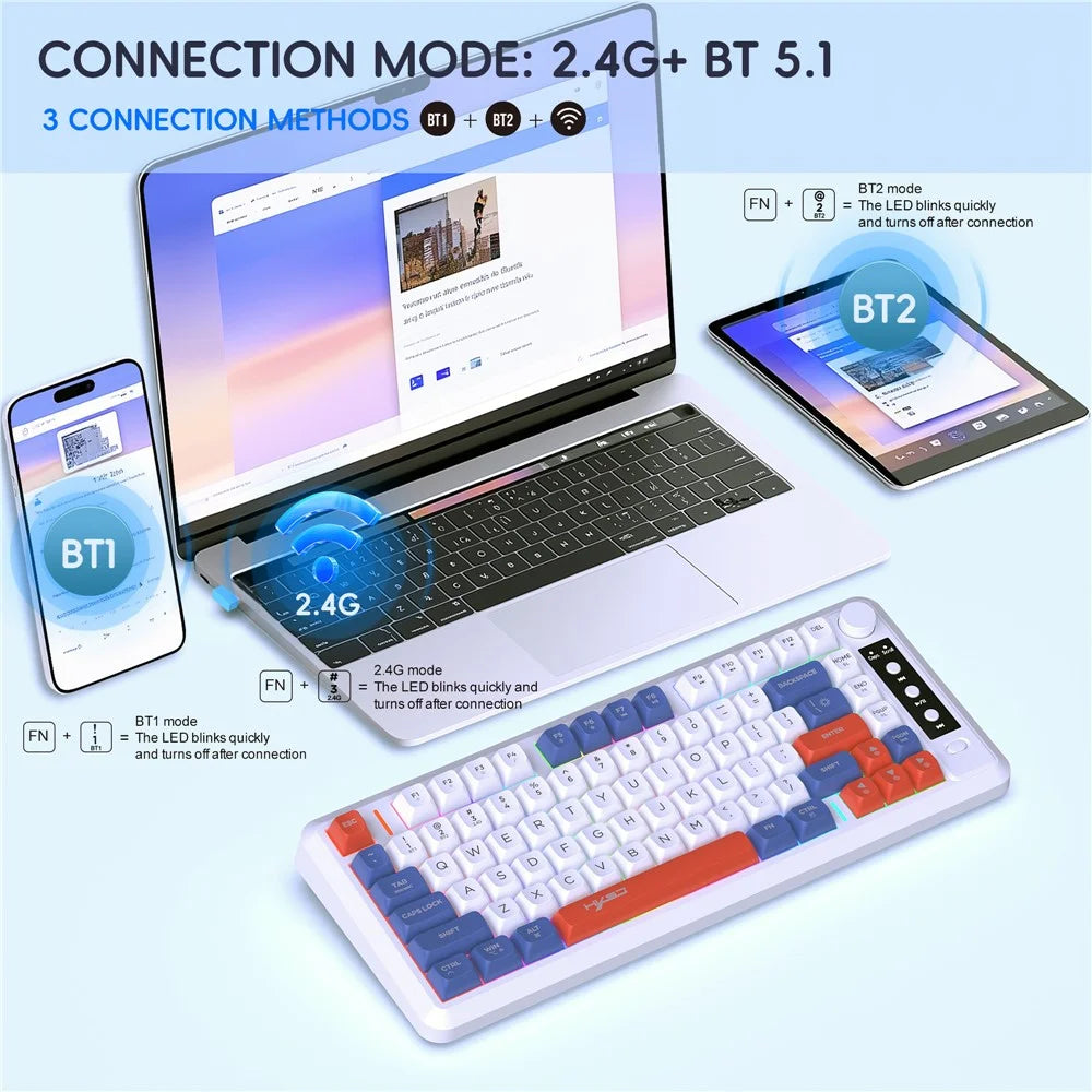 HXSJ L400 81 Keys Membrane Keyboard 2.4G + Bluetooth-compatible Tri-Mode Wireless Keyboard with RGB Backlit - Blue+White+Red - 2