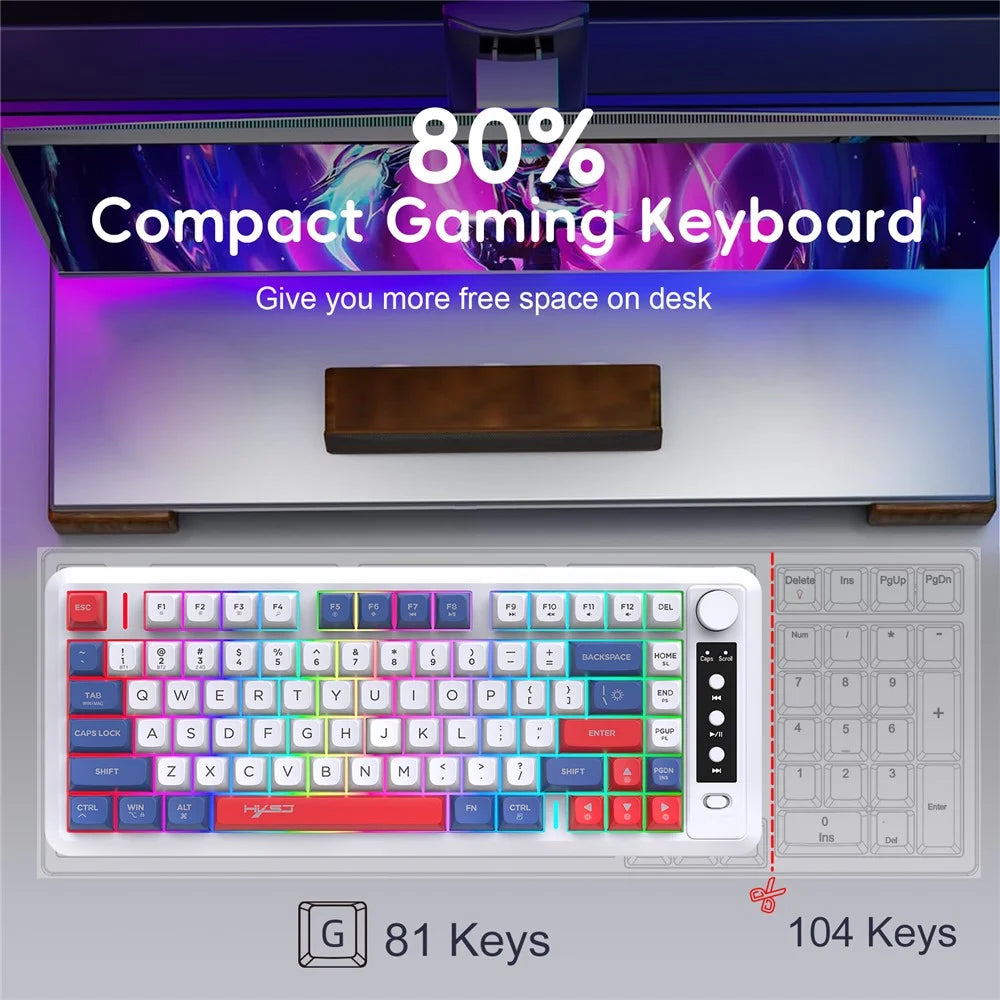 HXSJ L400 81 Keys Membrane Keyboard 2.4G + Bluetooth-compatible Tri-Mode Wireless Keyboard with RGB Backlit - Blue+White+Red - 4
