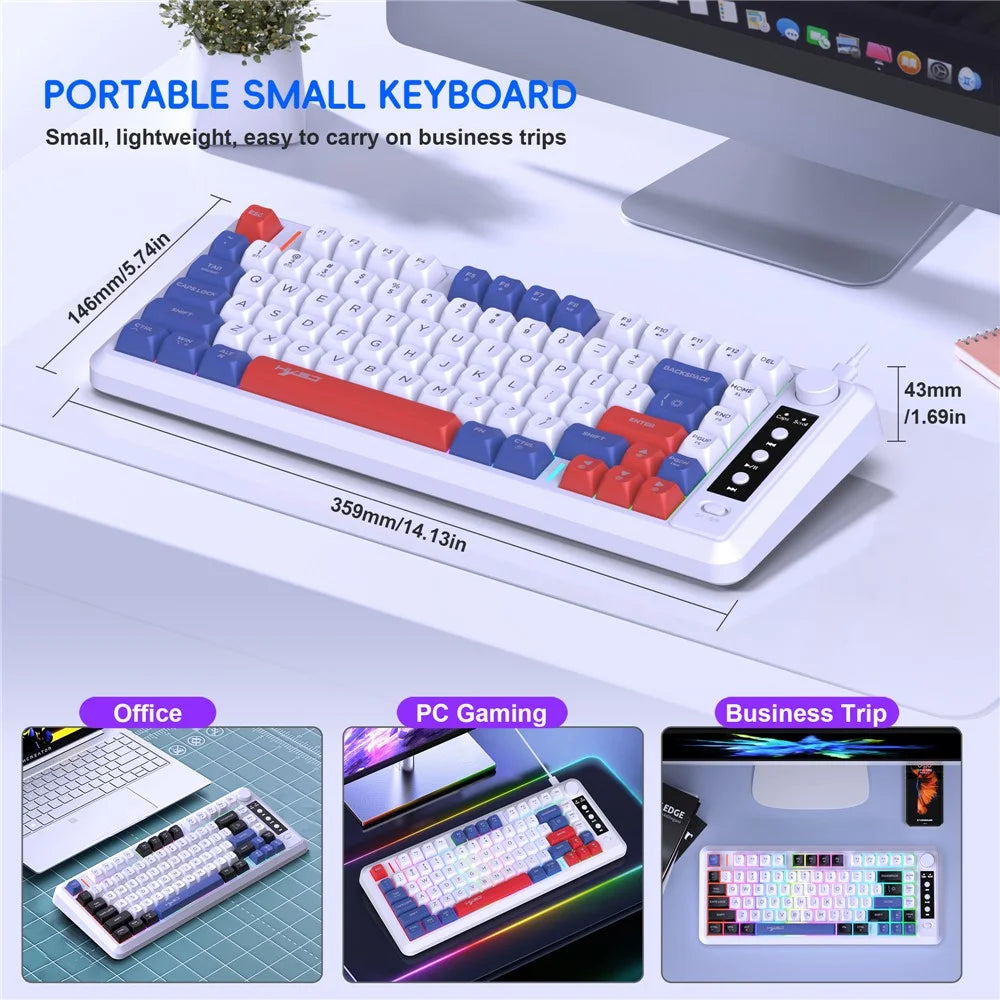 HXSJ L400 81 Keys Membrane Keyboard 2.4G + Bluetooth-compatible Tri-Mode Wireless Keyboard with RGB Backlit - Blue+White+Red - 6
