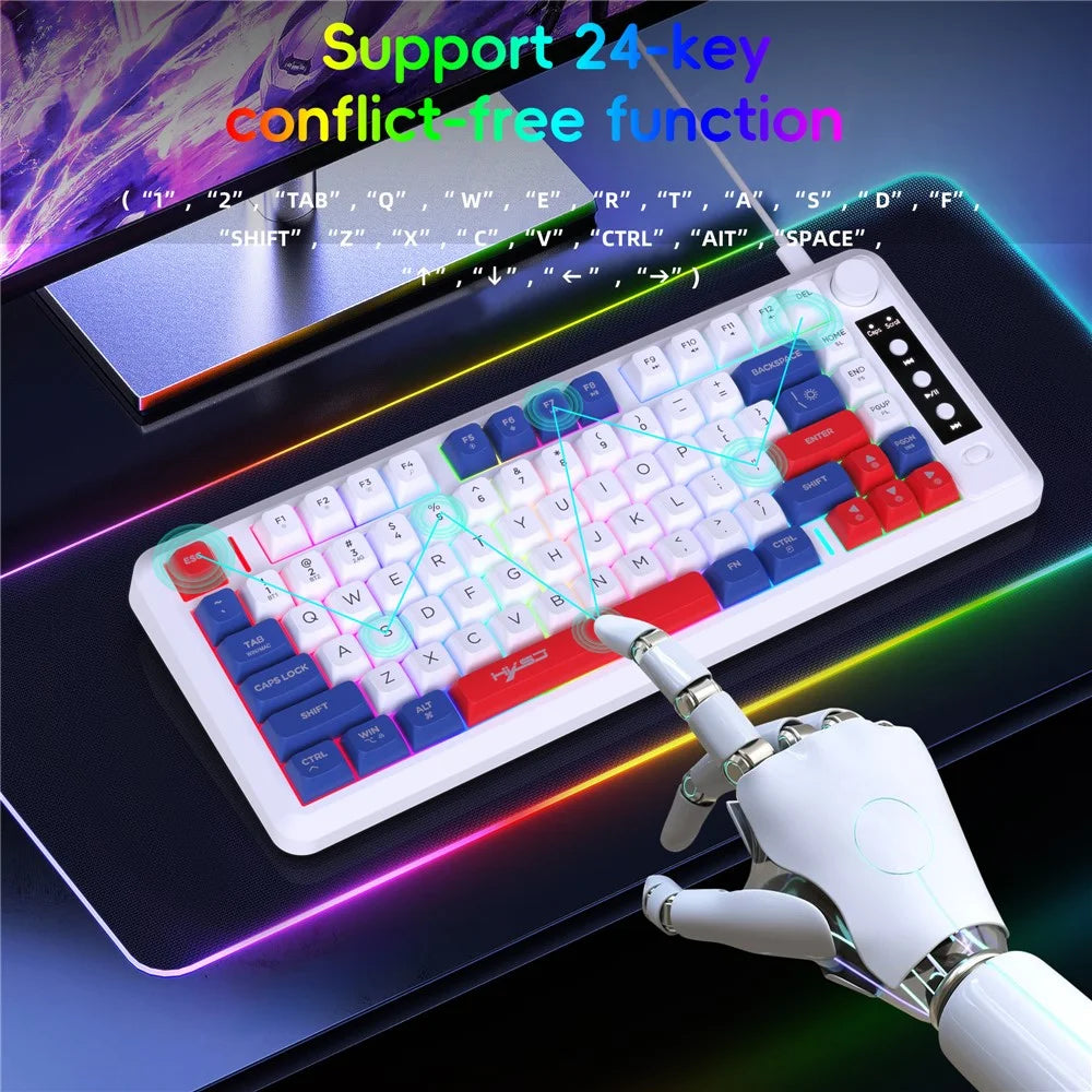 HXSJ L400 81 Keys Membrane Keyboard 2.4G + Bluetooth-compatible Tri-Mode Wireless Keyboard with RGB Backlit - Blue+White+Red - 7