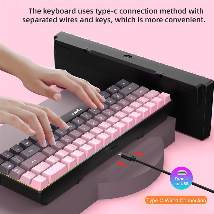 HXSJ V200 Ergonomic 68 Keys Membrane Keyboard RGB Lighting Wired Keyboard for Gaming, 25-Key Rollover - Pink - 2