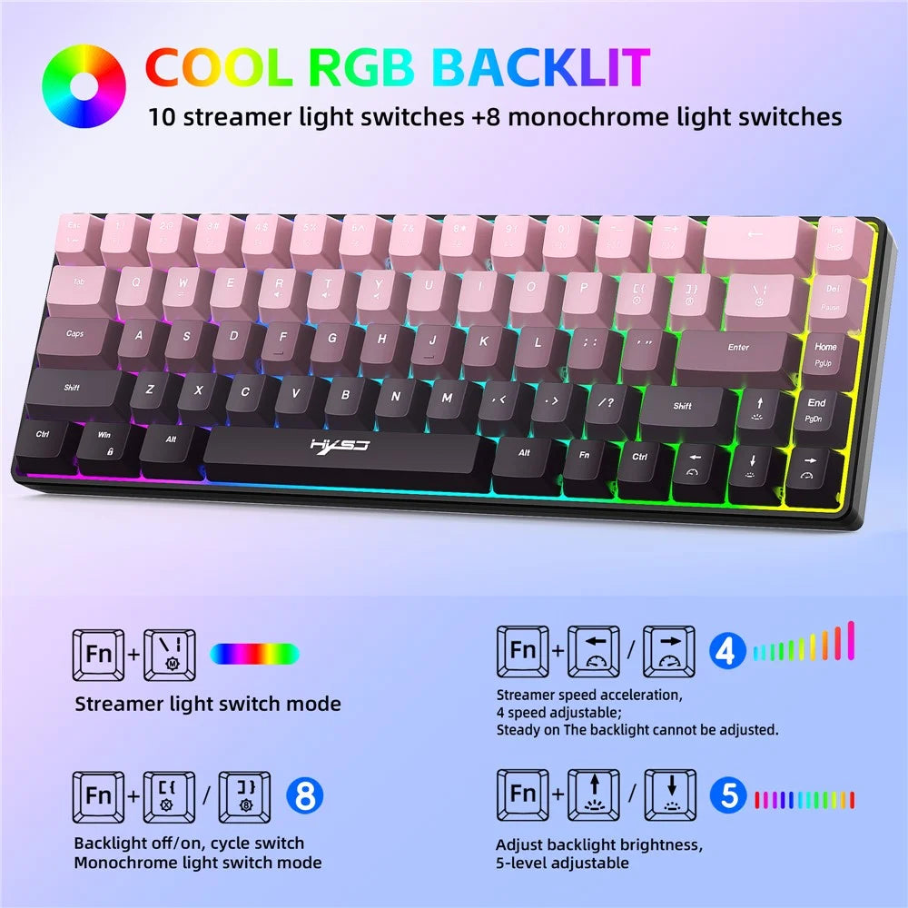 HXSJ V200 Ergonomic 68 Keys Membrane Keyboard RGB Lighting Wired Keyboard for Gaming, 25-Key Rollover - Pink - 3