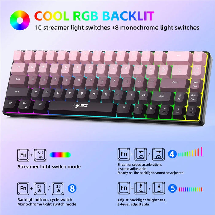 HXSJ V200 Ergonomic 68 Keys Membrane Keyboard RGB Lighting Wired Keyboard for Gaming, 25-Key Rollover - Pink - 3