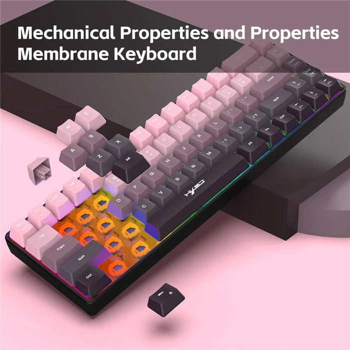 HXSJ V200 Ergonomic 68 Keys Membrane Keyboard RGB Lighting Wired Keyboard for Gaming, 25-Key Rollover - Pink - 5