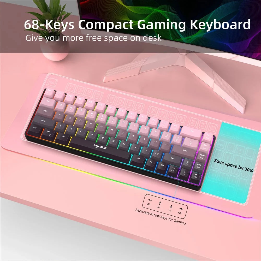 HXSJ V200 Ergonomic 68 Keys Membrane Keyboard RGB Lighting Wired Keyboard for Gaming, 25-Key Rollover - Pink - 7