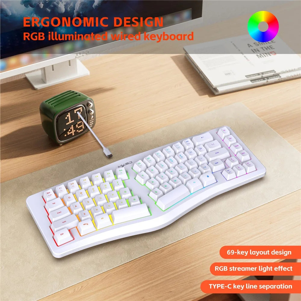 HXSJ J70 Ergonomic 69 Keys Wired Keyboard for Desktop Laptop Membrane Gaming Keyboard with RGB Backlit - White - 6