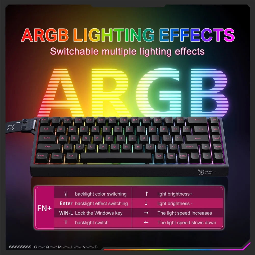ONIKUMA MT603 68 Keys Mechanical Keyboard Three Modes 2.4GHz Wireless Gaming Keyboard - Black - 6