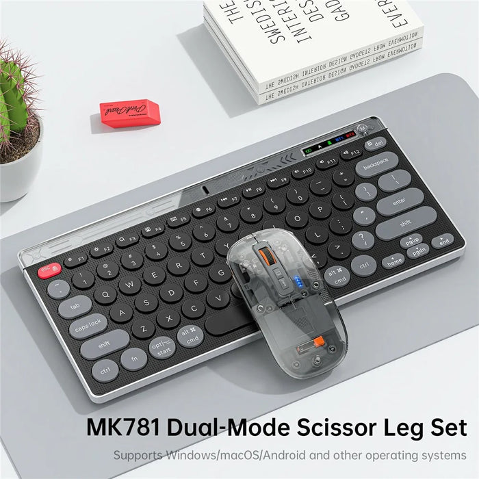 HXSJ MK781 Type-C Wireless 2.4G Bluetooth-compatible Keyboard Mouse Set 78 Keys Triple Mode Clear Shell Keyboard Mouse for Business - Grey Black - 4