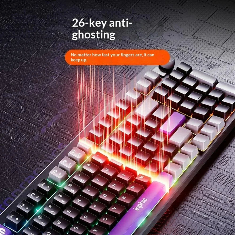 INPHIC V98PRO Wired Keyboard 98-Key Mechanical Feel Membrane Keyboard with RGB Backlit for Office Gaming - Black+Grey - 2