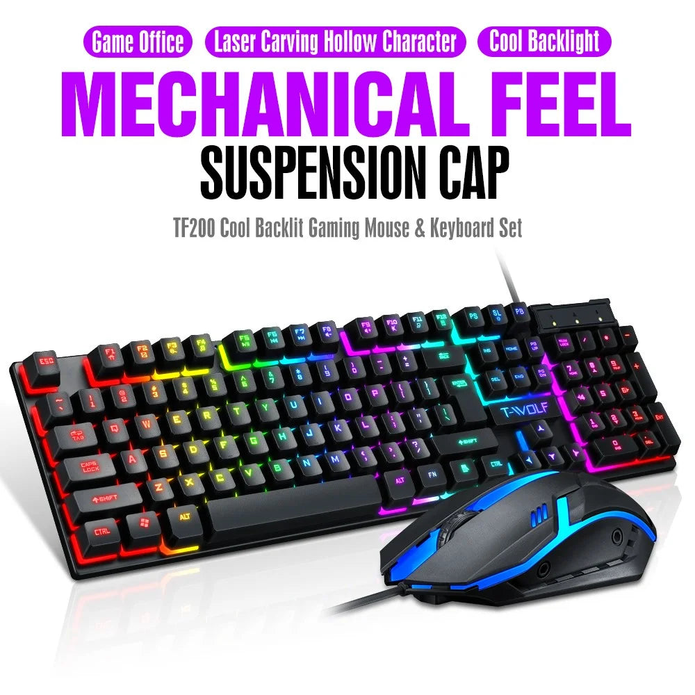 T-WOLF TF200 Gaming Keyboard USB Floating Manipulator Feel Wired Gaming Keyboard and Mouse Set - Black - 2